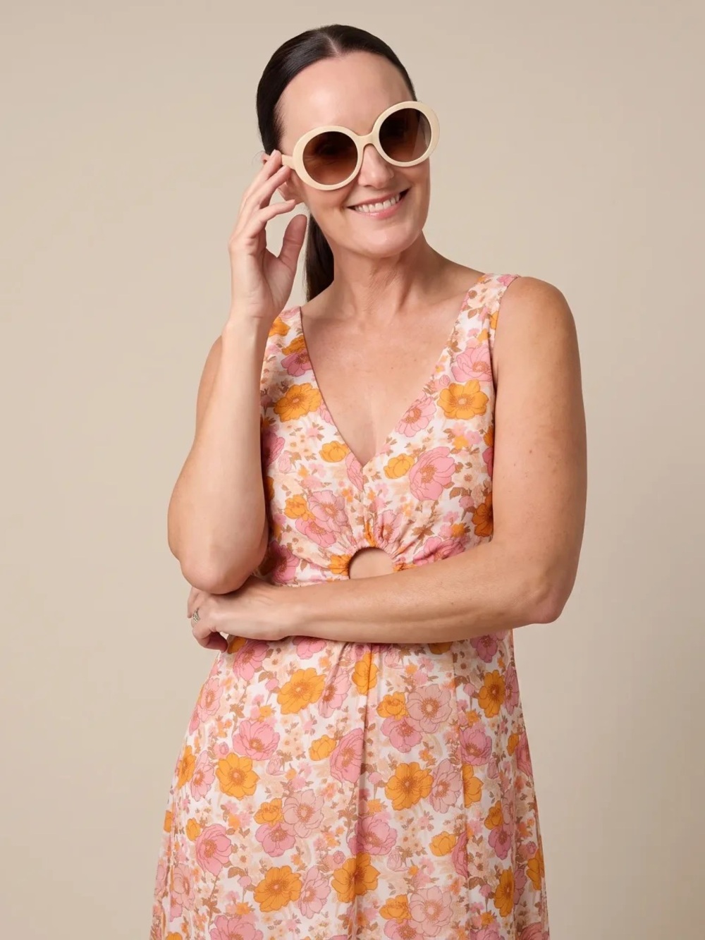 & Other Stories Orange and Pink Retro Print Floral Dress